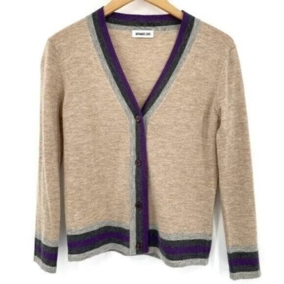 Bernard Zins Tan Striped Cashmere Wool Button Front Y2K Knit Medium Cardigan - Picture 1 of 7